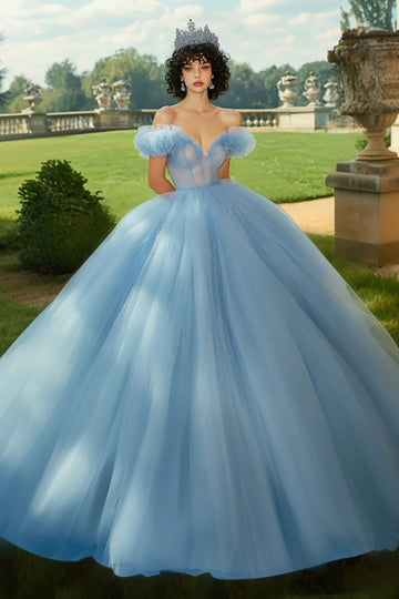 Sky Blue Ball Gown Princess Tulle Long Quinceanera Dress with Ruffles